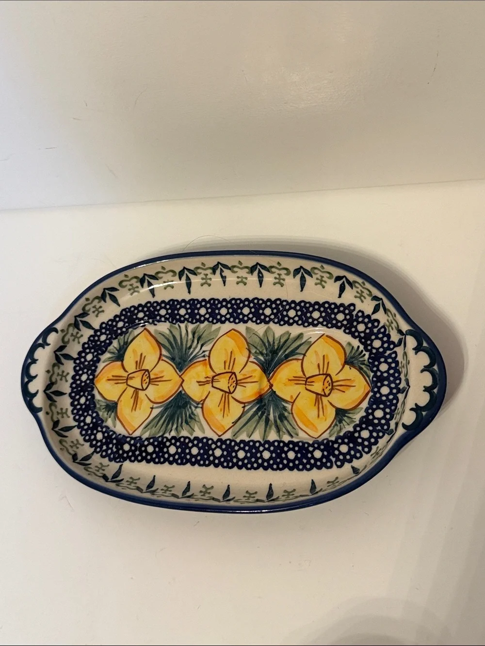 POLISH POTTERY SET SUGAR LID CREAMER TRAY BLUE WHITE GREEN HANDMADE BOLESLAWIEC